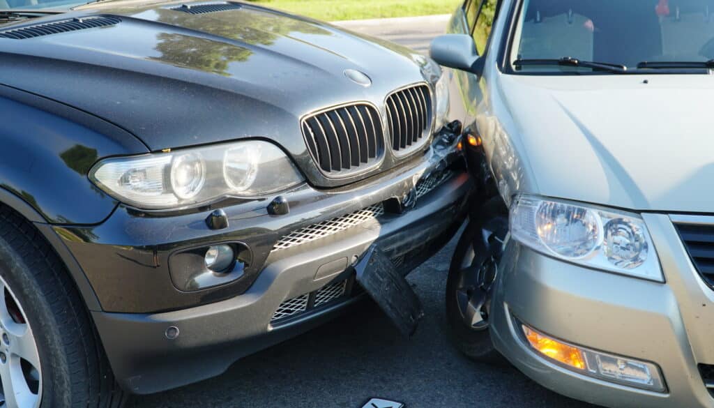Traffic accident. Wrecked car.